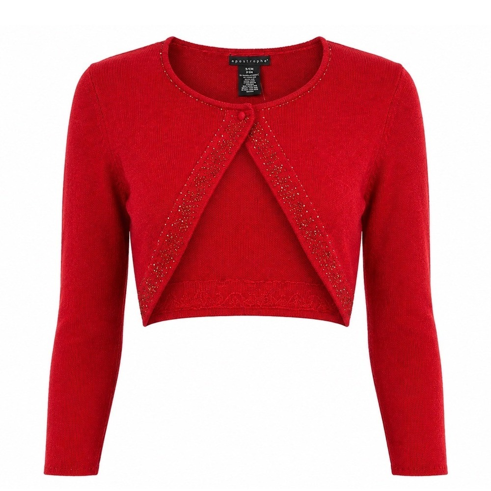 Apostrophe Bolero Shrug Girls S 4-6‎ Red Beaded Angora Knit Long Sleeve Holiday